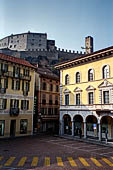 Bellinzona, Switzerland  -  The Torre Bianca (White tower) of the Castelgrande seen from Piazza Collegiata.  